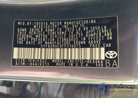 2015 Toyota Corolla S Plus from USA, damaged, VIN 5YFBURHE0FP316675